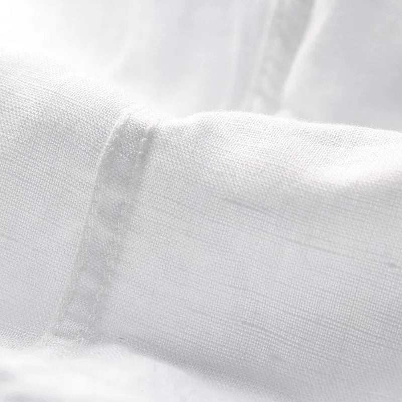 Men's light blue linen square collar casual short sleeve shirt laid flat