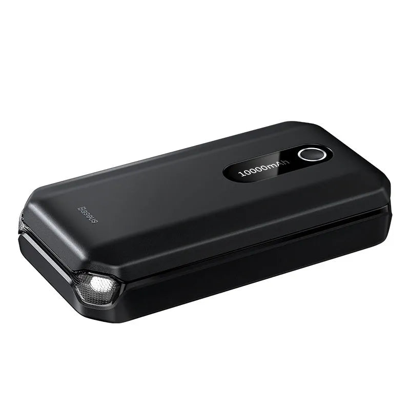 Vehicle mounted emergency lighter jump starter in black with 10000mAh battery and USB Type-C ports