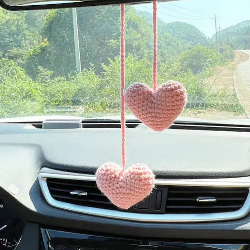 Green and white knitted car plant ornament with 8cm basin base and hanging rope for vehicle interiors