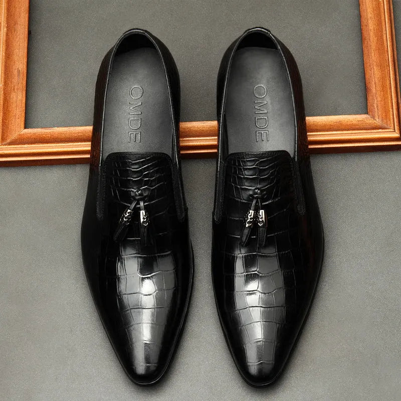 Formal men's black genuine cowhide leather pointed toe dress shoes with rubber sole