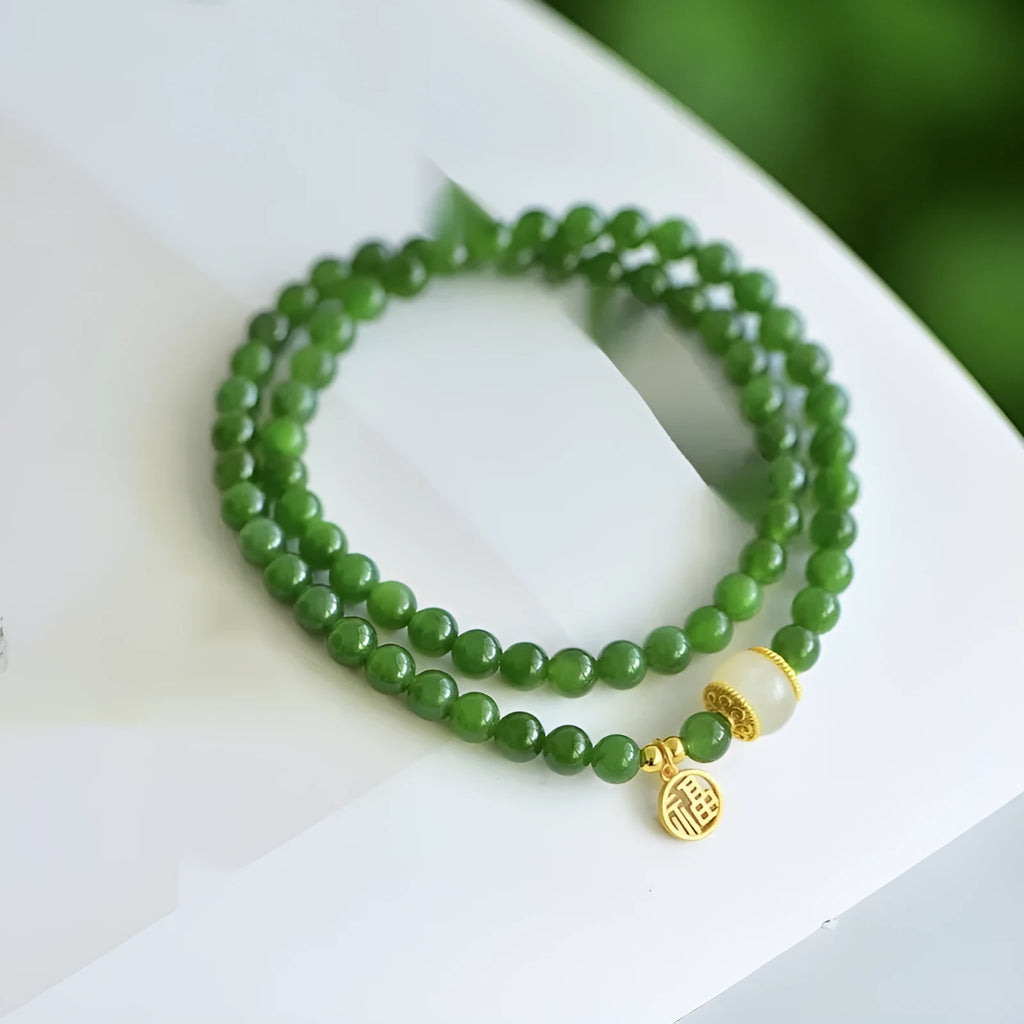 Women's double circle Hetian jade bracelet with fu character in original geometric design