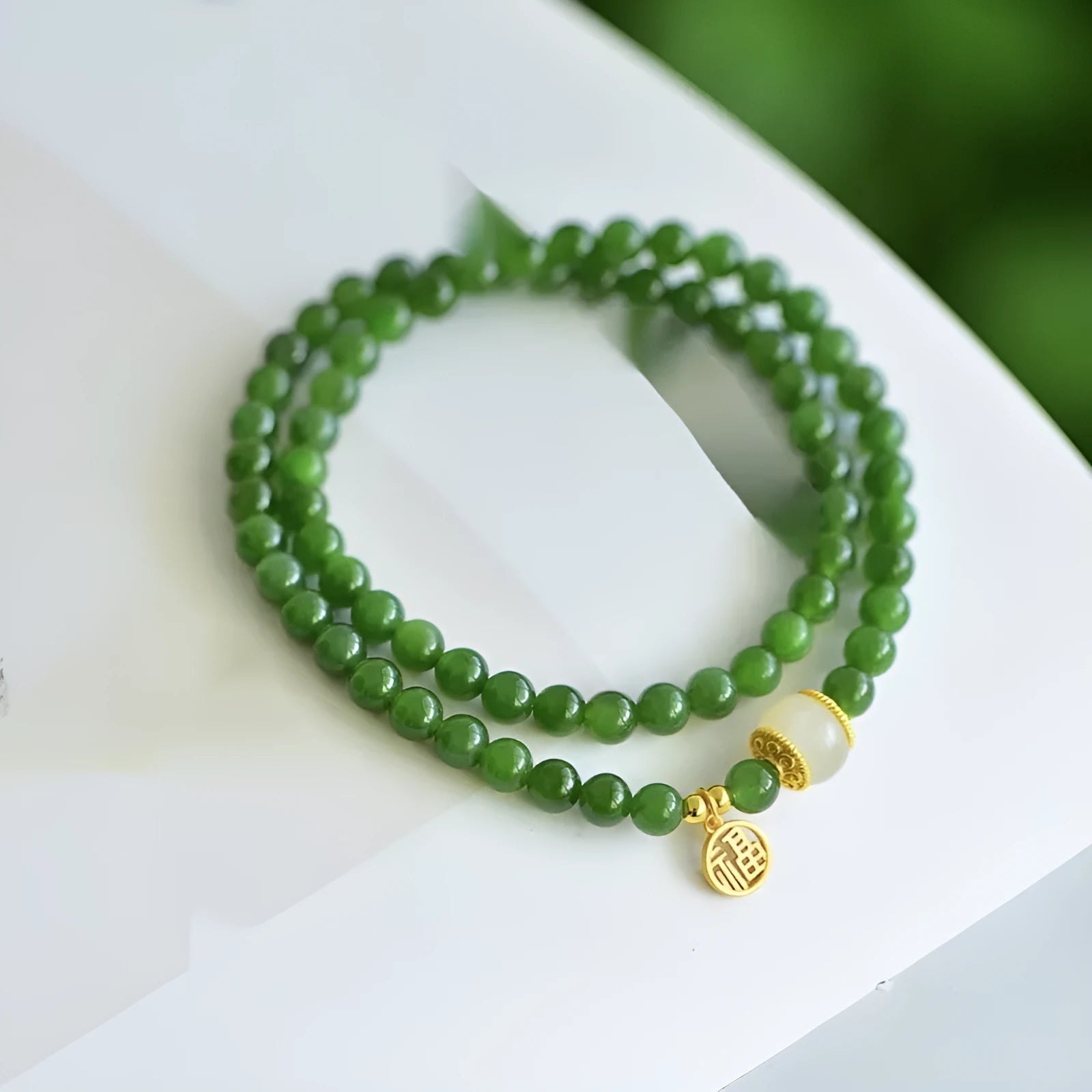 Women's double circle Hetian jade bracelet with fu character in original geometric design