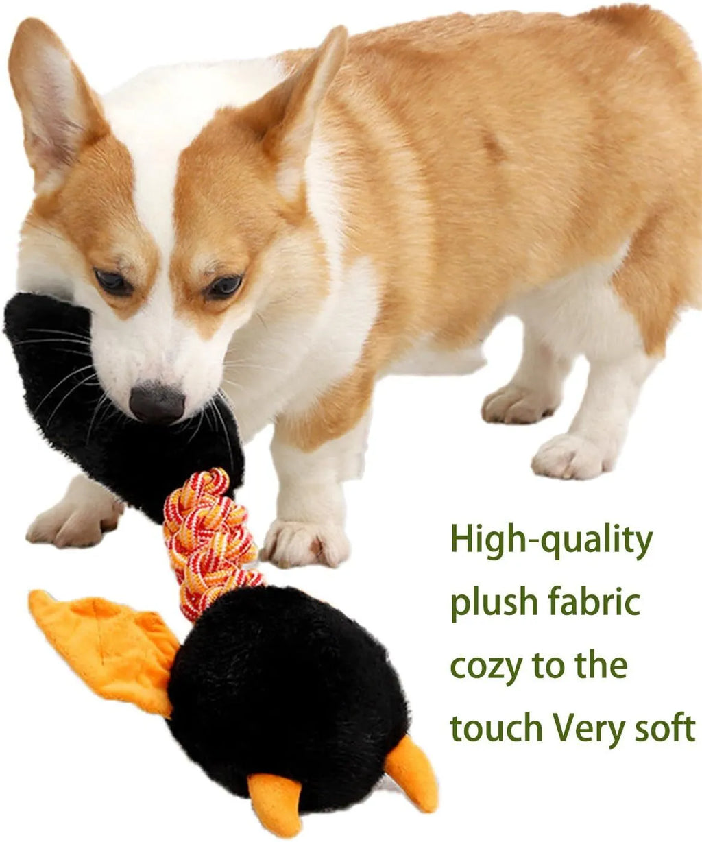 Large black plush dog toy with a cartoon shape, featuring a rope knot and measuring 44cm.