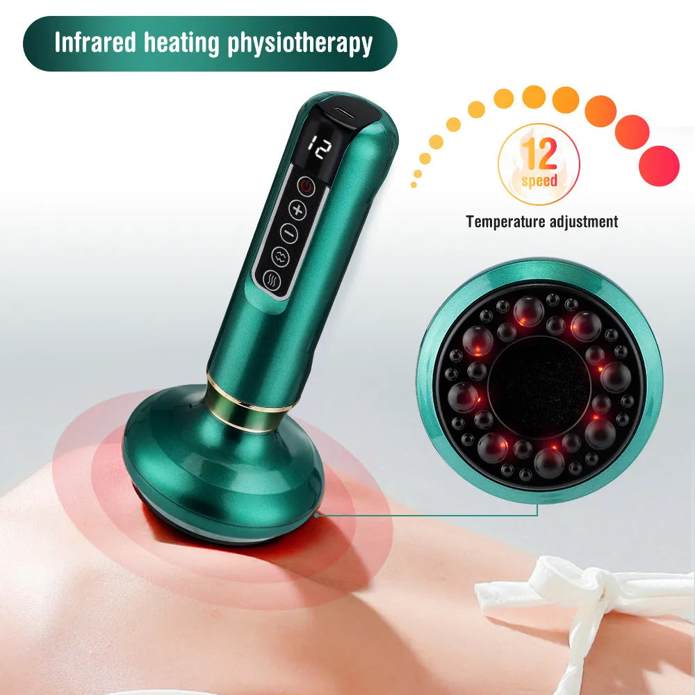 Green electric vacuum cupping massager with Gua Sha head on USB charging cable