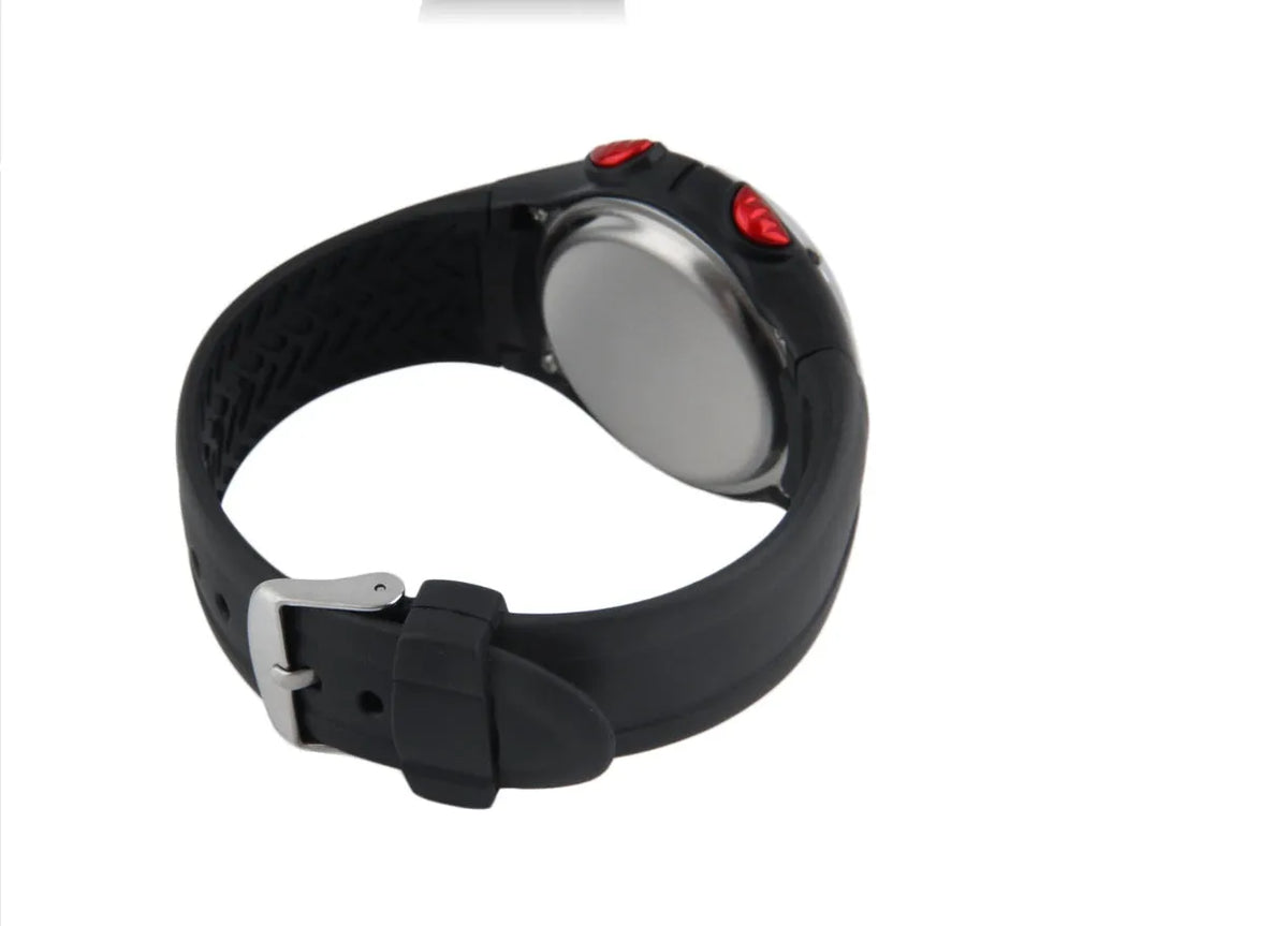 Black rubber and steel heart rate monitor watch with chest strap, 3m waterproof, round dial, backlight