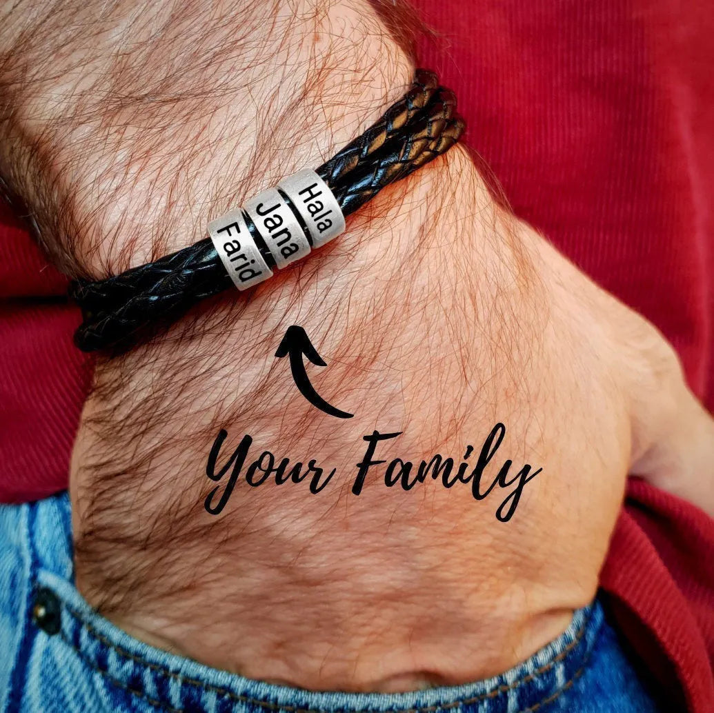 Black braided rope bracelet with stainless steel letter beads, 5mm height, 12mm diameter, 62cm length