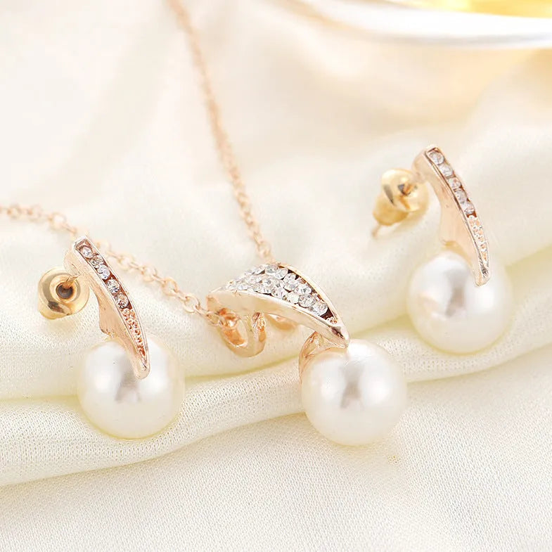 Pearl necklace earring set for wedding banquet, diamond crystal pearl, electroplated finish, women's jewellery