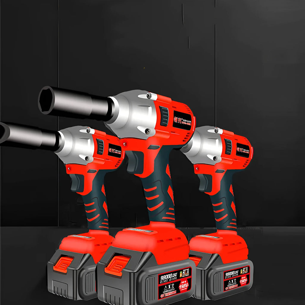 Brushless electric wrench with 20V lithium battery and charger on a workbench