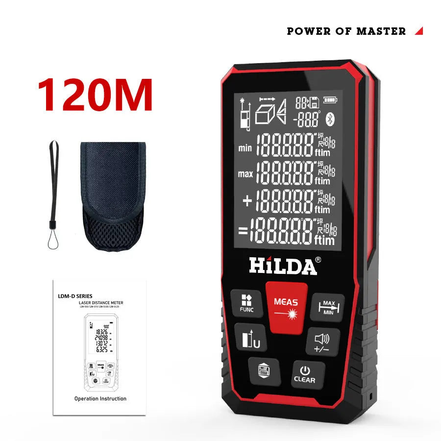 A handheld plastic laser rangefinder for measuring distances of 100 or 120 metres.