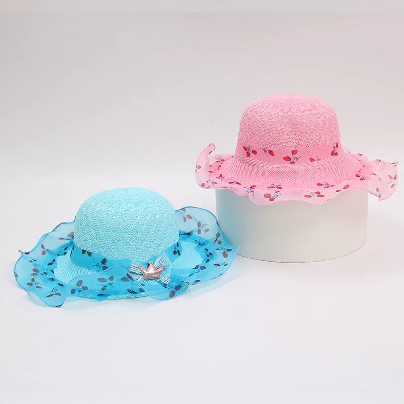 Princess straw hat for children aged 2-7 in beige with wide brim for sun protection