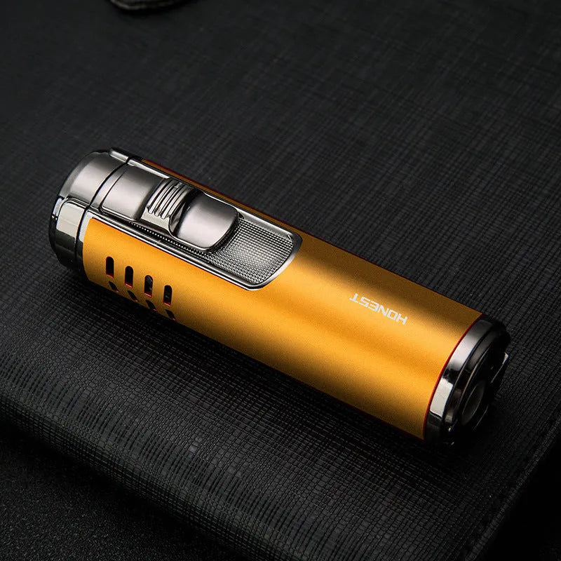 Cylindrical metal inflatable four-straight cigar lighter in zinc alloy, 89x26x28mm, available in five colours