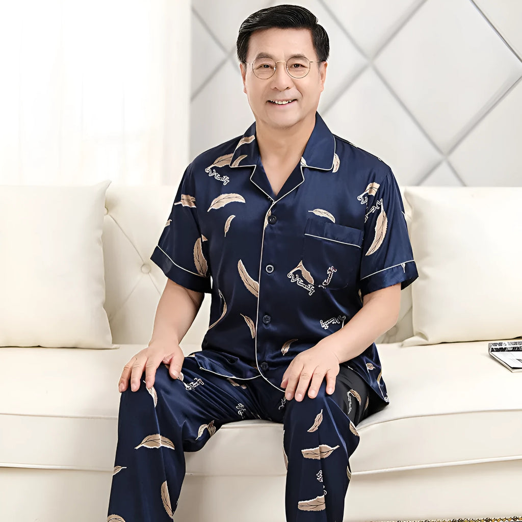 Men's thin ice silk pyjama set with floral print, small lapel and front button top, available L to 3XL