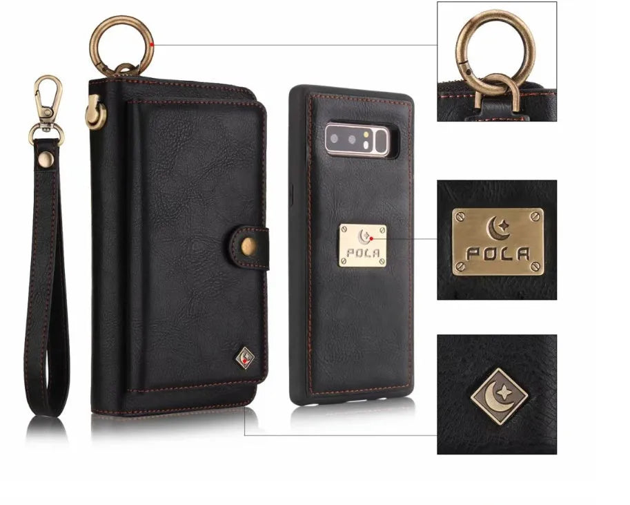 Imitation leather wallet phone case for Samsung Galaxy Note8 in black colour showing card slots and zipper