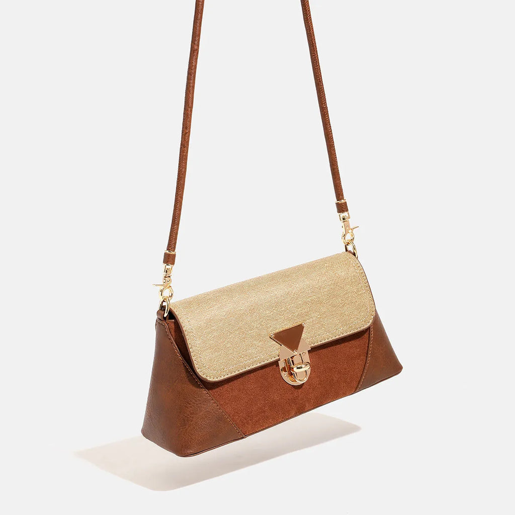 Women's soft PU underarm baguette shoulder handbag in black and caramel colours with single strap