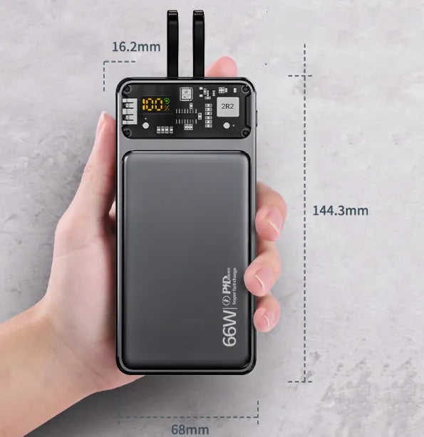 66W super fast charge power bank 20000mAh in black with built-in data cable