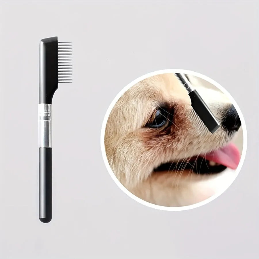 Black pet grooming brush with soft silicone bristles and comb attachment for dogs and cats
