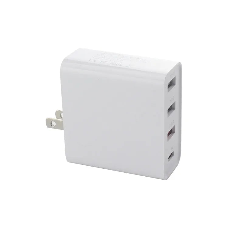 Black 48W PD wall charger with four USB-C ports and a UK plug.