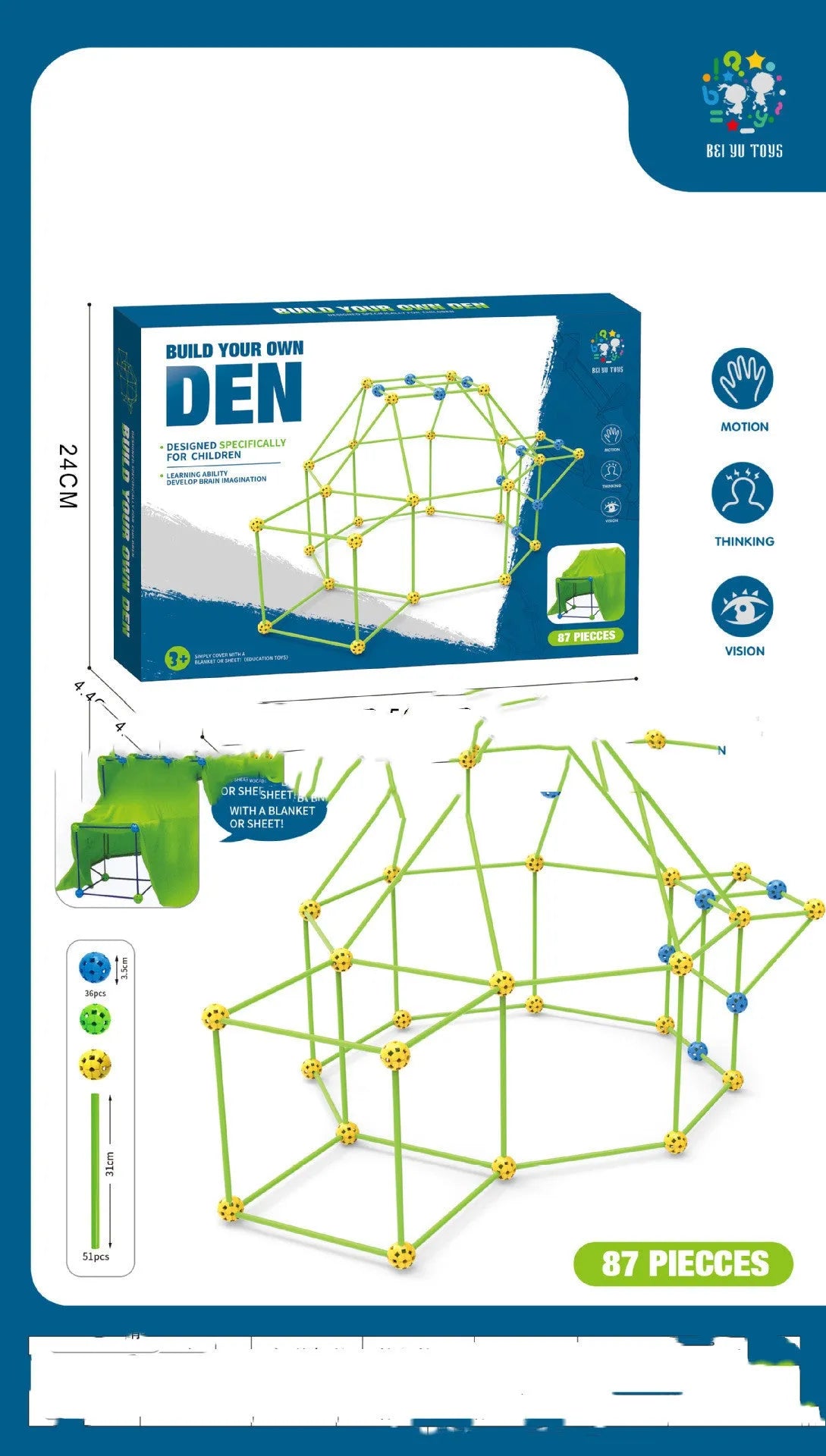 Luminous plastic fort building kit for kids with connecting sticks, balls, and storage bag.
