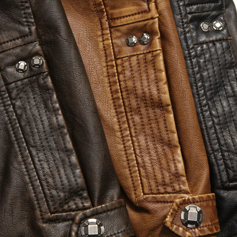 Men's faux leather biker jacket in black, brown, and coffee colours, available in sizes L to 5XL