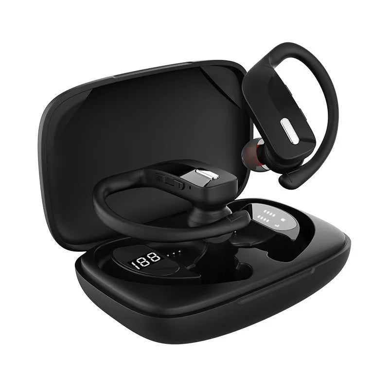 LED Digital Display Hanging Ear Bluetooth 5.0 Wireless Headset in black with battery indicator