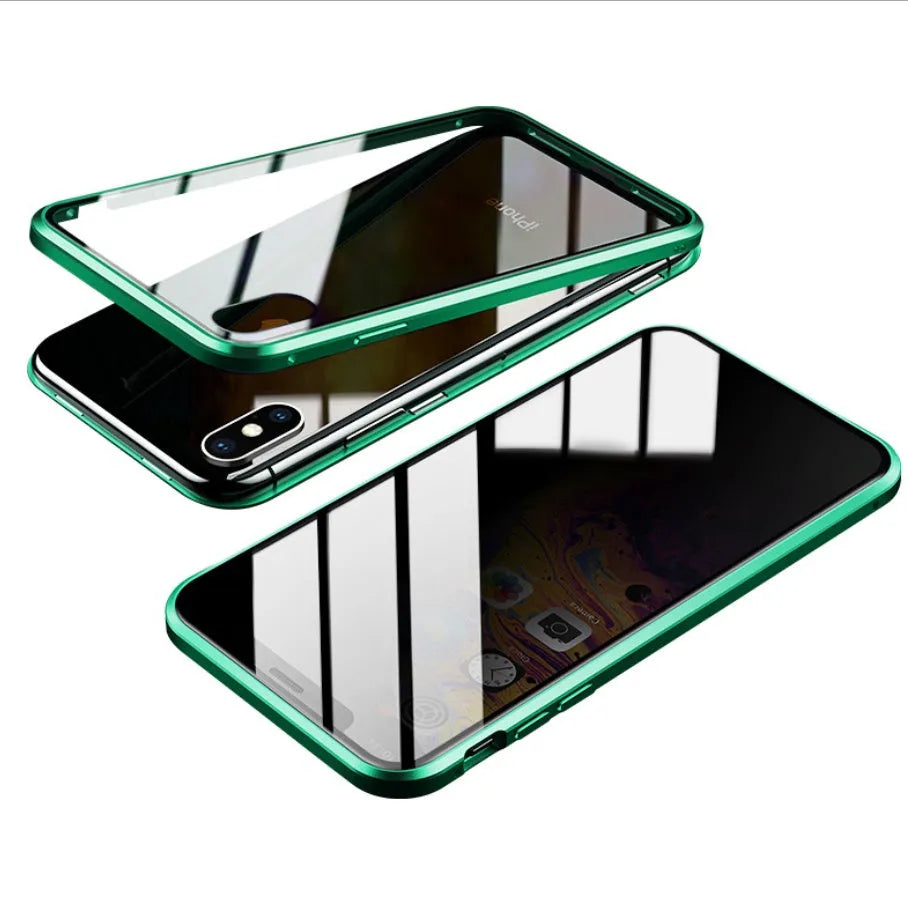 A black glass clamshell phone case for an iPhone with a geometric design and privacy screen.
