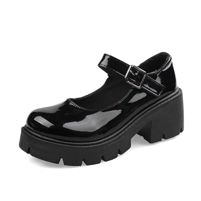 Women's buckle British style patent leather shoes in beige with round toe and low top, side view
