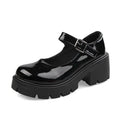 Women's buckle British style patent leather shoes in beige with round toe and low top, side view