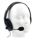 Black PS4 wired gaming headset with bilateral over-ear design showing 76cm x 38cm x 50cm dimensions