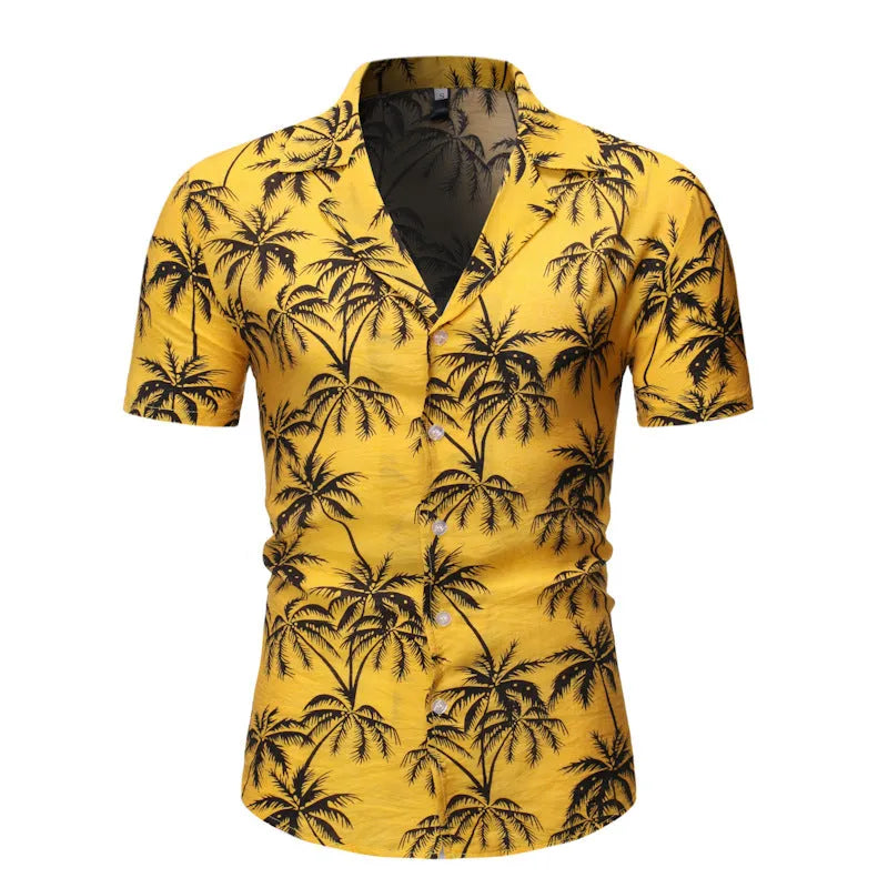 Men's loose lapel print top in light blue, long sleeves, casual polyester shirt