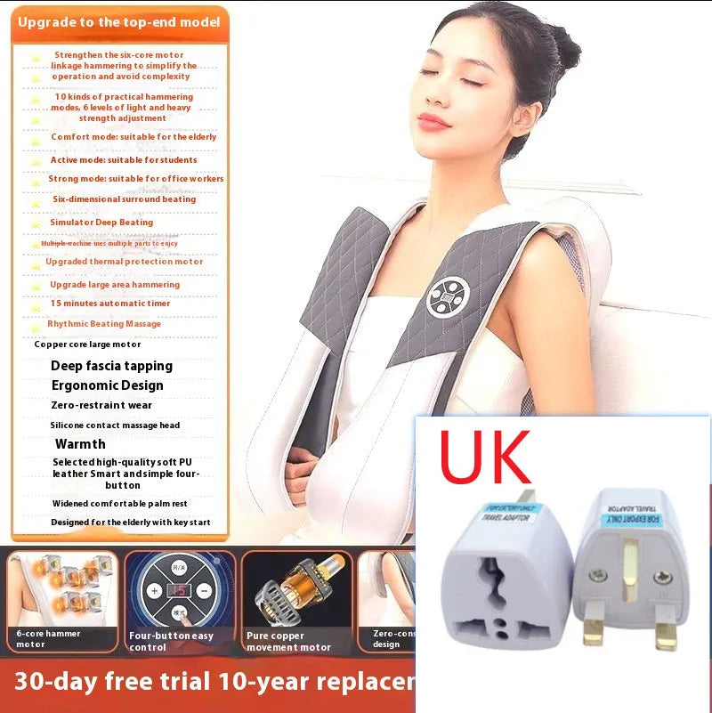 Beige multifunctional massage shawl neck massager with tapping technology for shoulder and back relief, UK plug