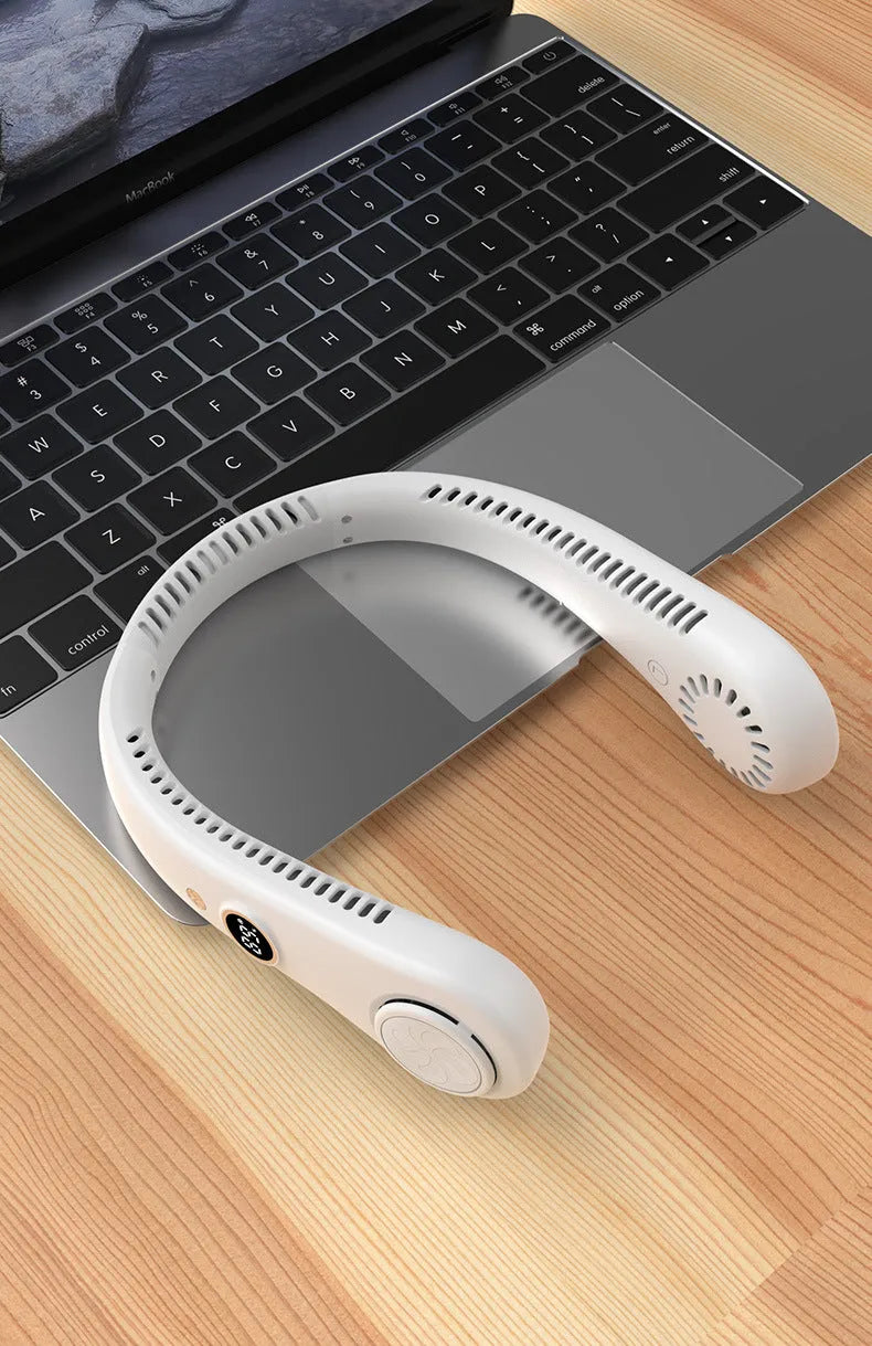 Blue coloured USB rechargeable portable bladeless neck fan being worn.
