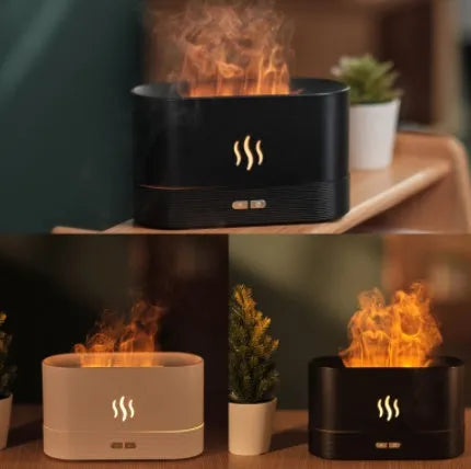 USB powered ultrasonic aroma diffuser with flame light, black, 180ml capacity, compact size