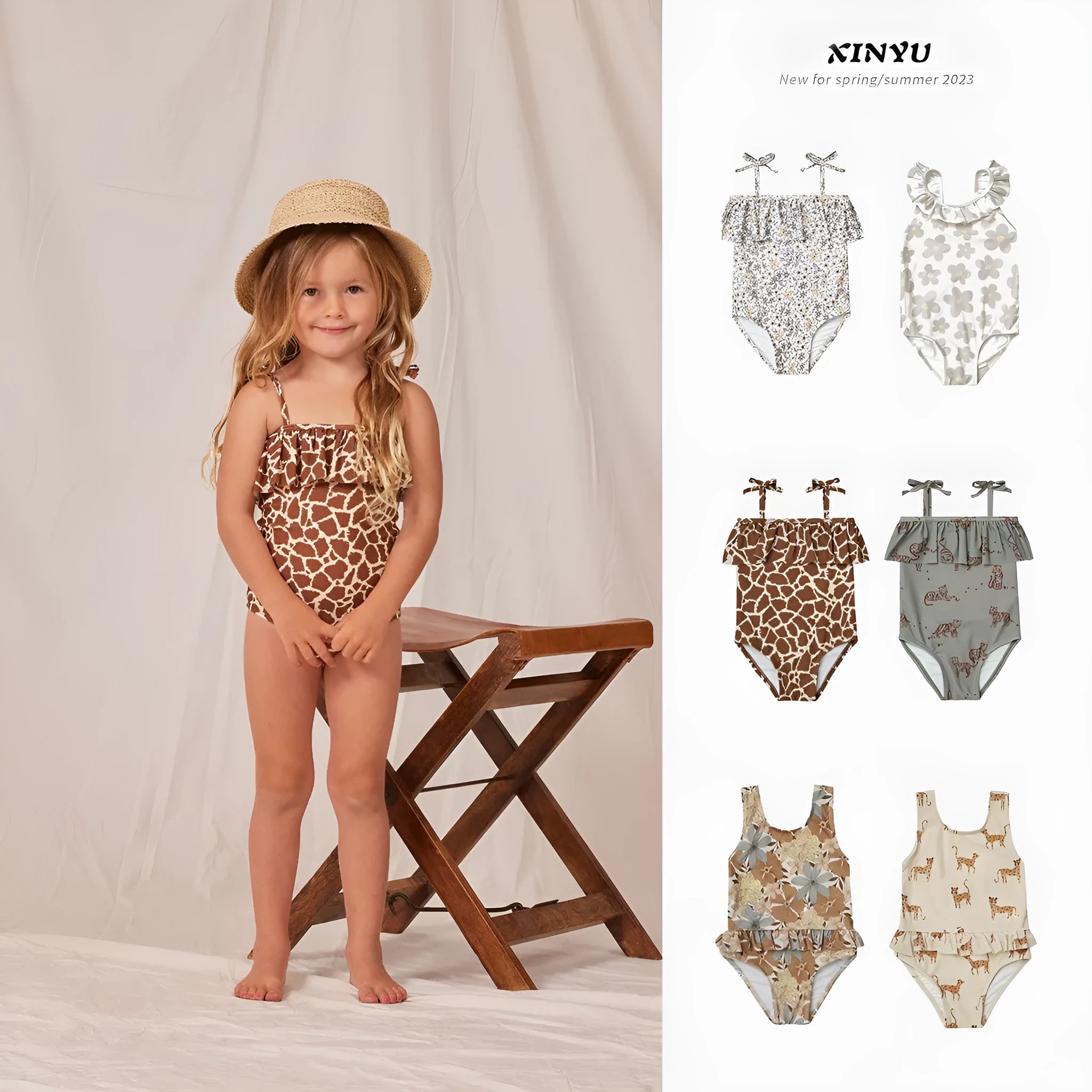 Girls' one piece swimsuit with high elasticity polyester fabric in floral and animal print designs