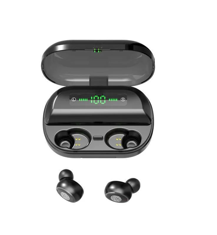 V11 Bluetooth earphone with digital display touch controls and 4000mAh charging storage box in black