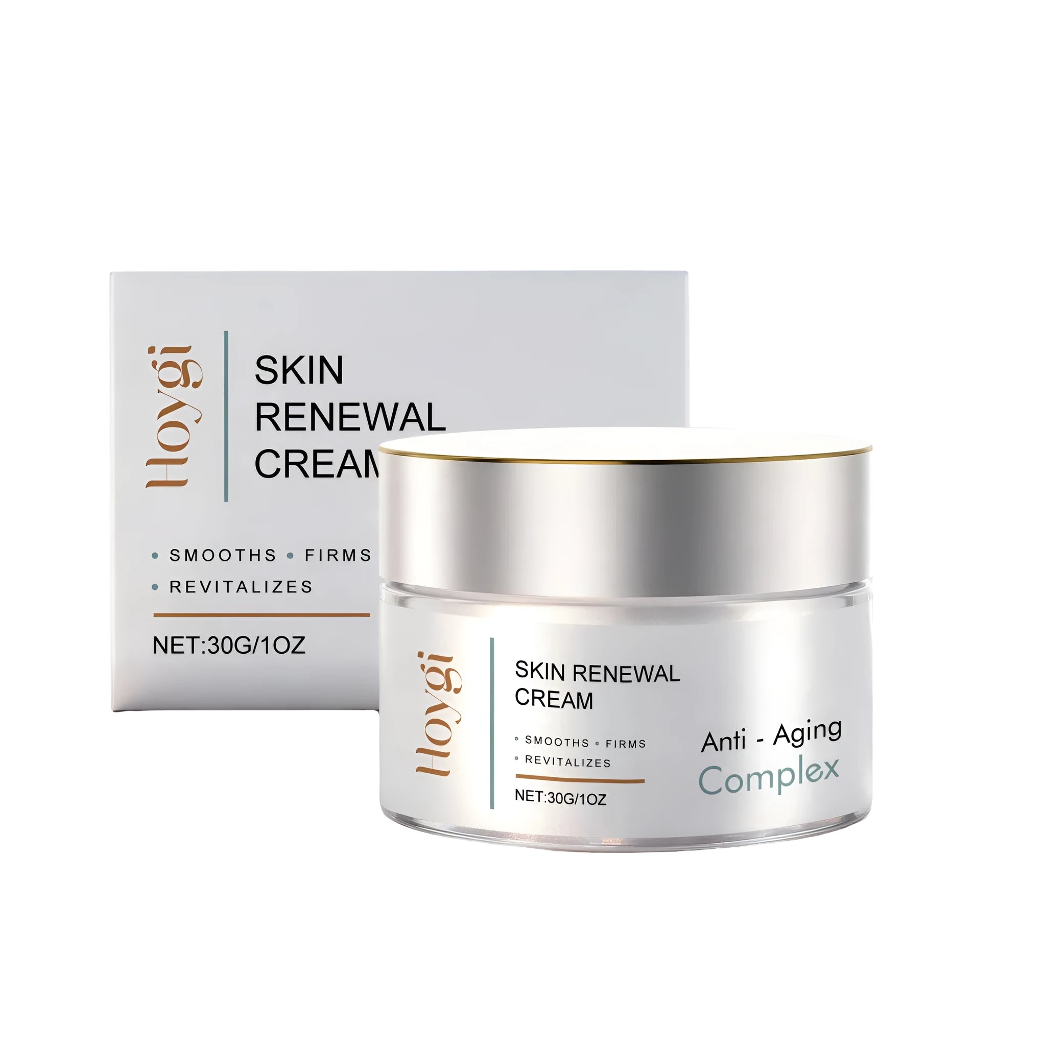 Skin Renewal Cream in a white 30g jar with label showing hyaluronic acid and vitamin E
