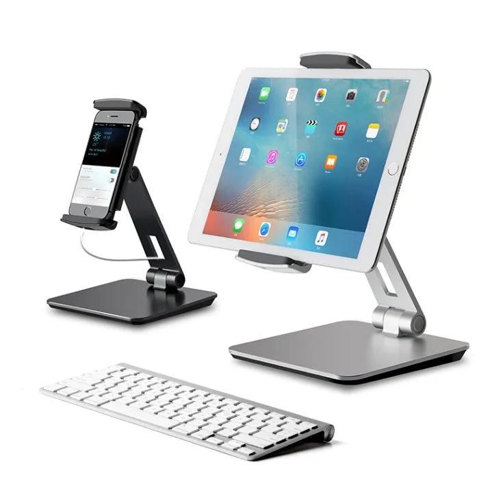 Folding aluminium phone and tablet stand in black showing 360° rotation and anti-slip silicone pads