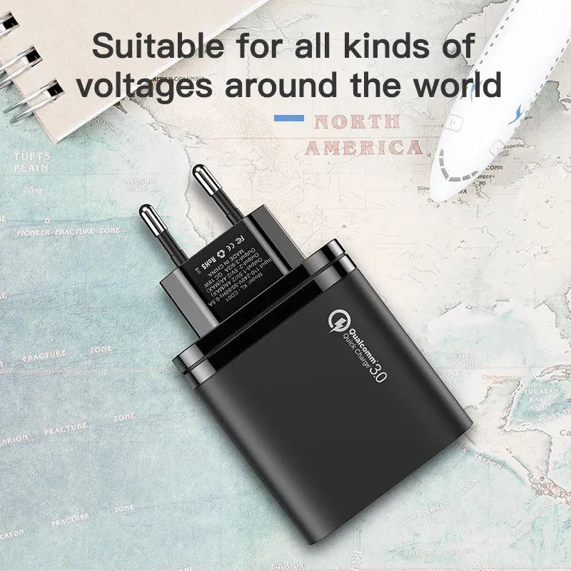 3 hole USB fast charge travel charger with LED indicator in black, showing EU plug attached