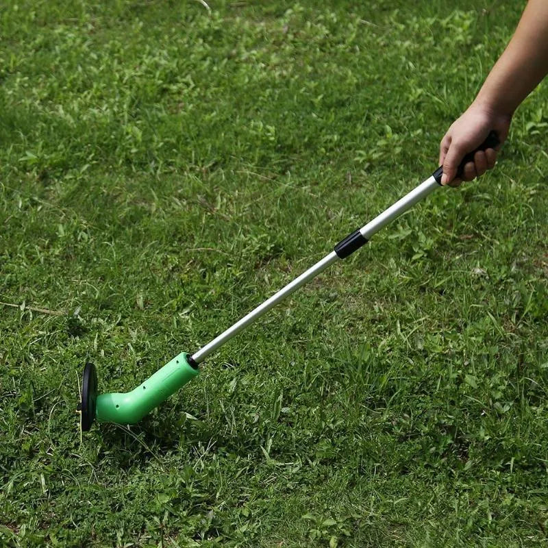 Cordless lawn trimmer with ABS nylon body, 37.5cm length, extension pole, and protective debris shield for garden weeding