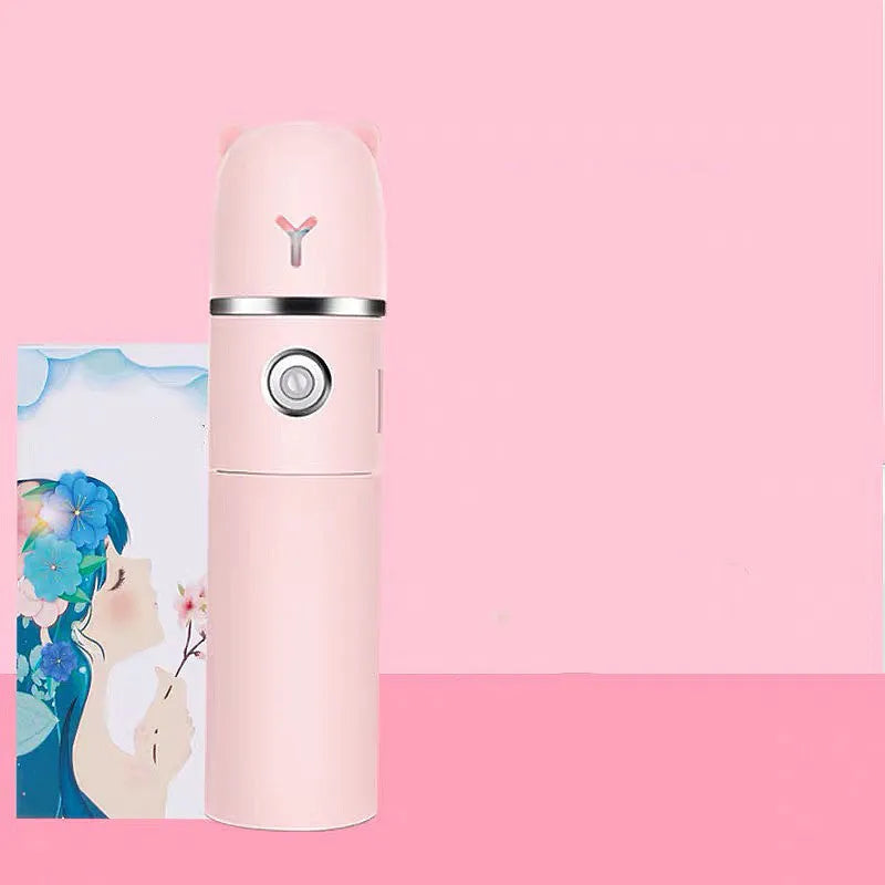 White USB rechargeable handheld spray fan with water tank, flashlight, and power bank function