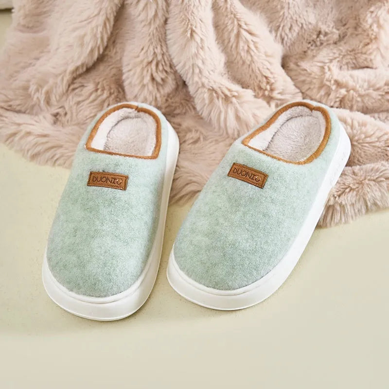 Women's winter slippers in solid colours with woolen fabric upper and EVA sole, flat heel, low top, sizes 36-45