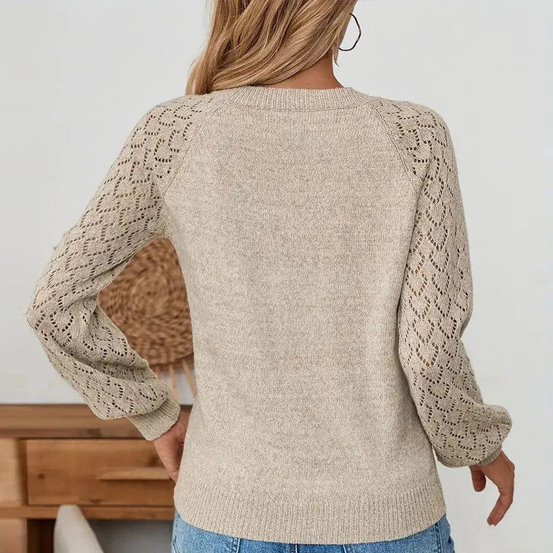 Women's apricot solid colour knitted pullover sweater, long sleeve, loose fit, acrylic