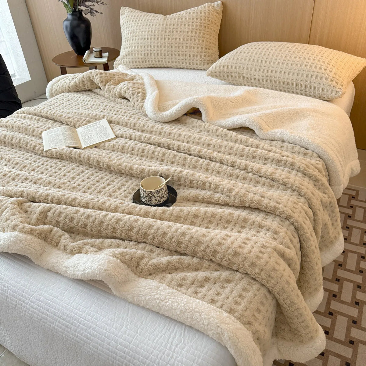 Waffle jacquard double-sided thickened polyester blanket in solid colour with geometric pattern, for office naps and beds