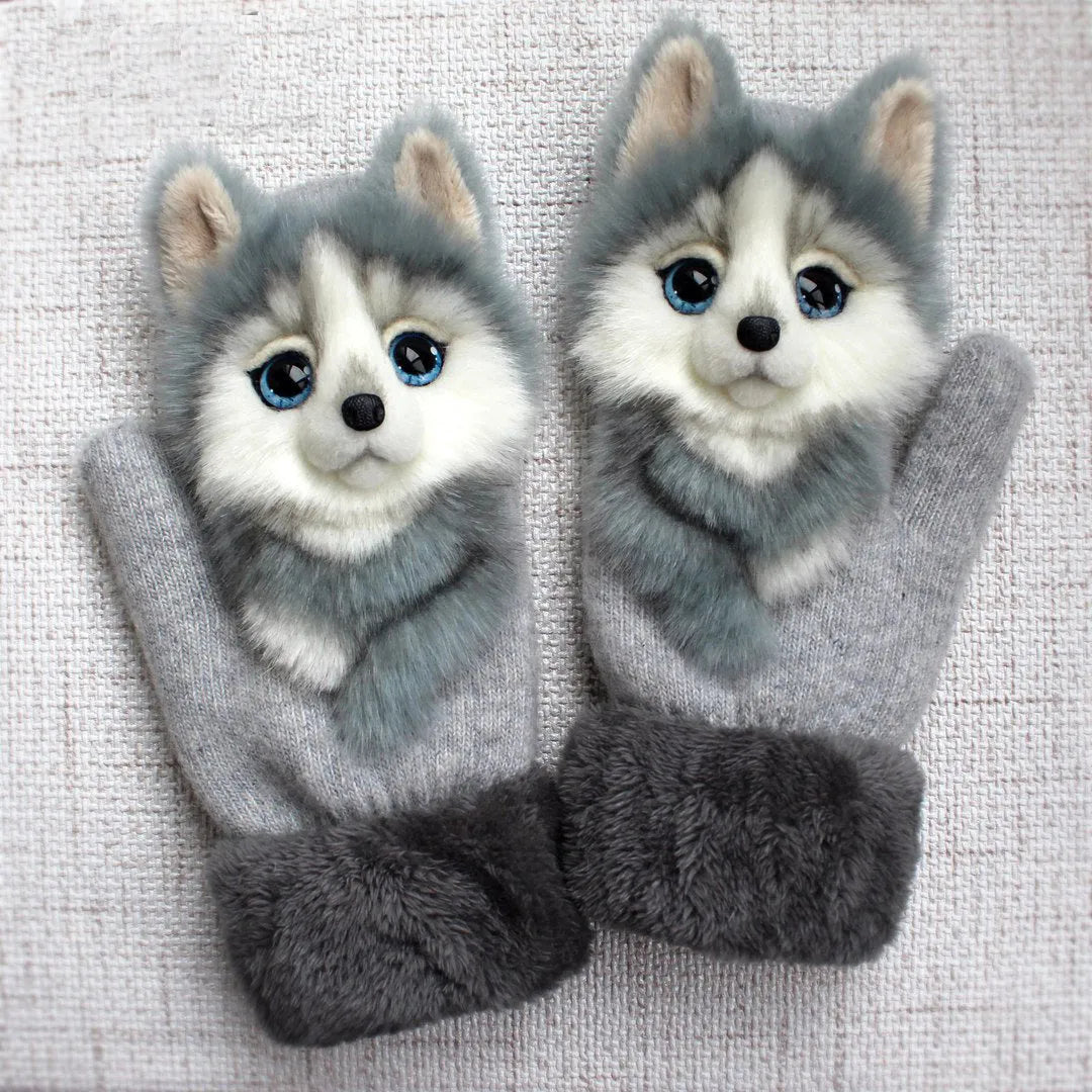 Cartoon animal warm mittens in red colour, 28cm total length, wool-blend fabric for autumn and winter