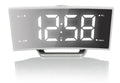 Curved screen LED projection alarm clock showing time on display with USB port and FM radio controls