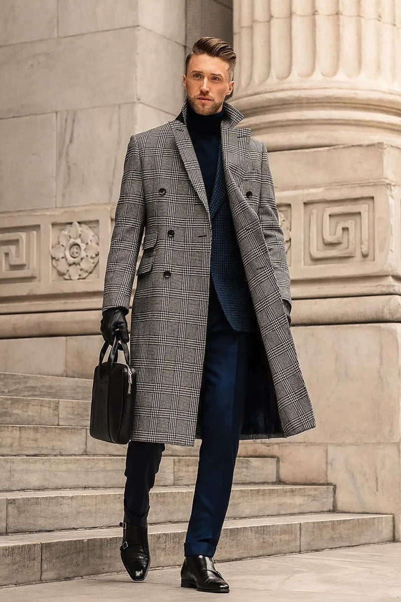 Grey checked 100% wool double breasted overcoat with suit collar and horn clasp, front view on mannequin