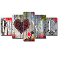 Set of five red unframed oil painting canvas boards in various sizes.