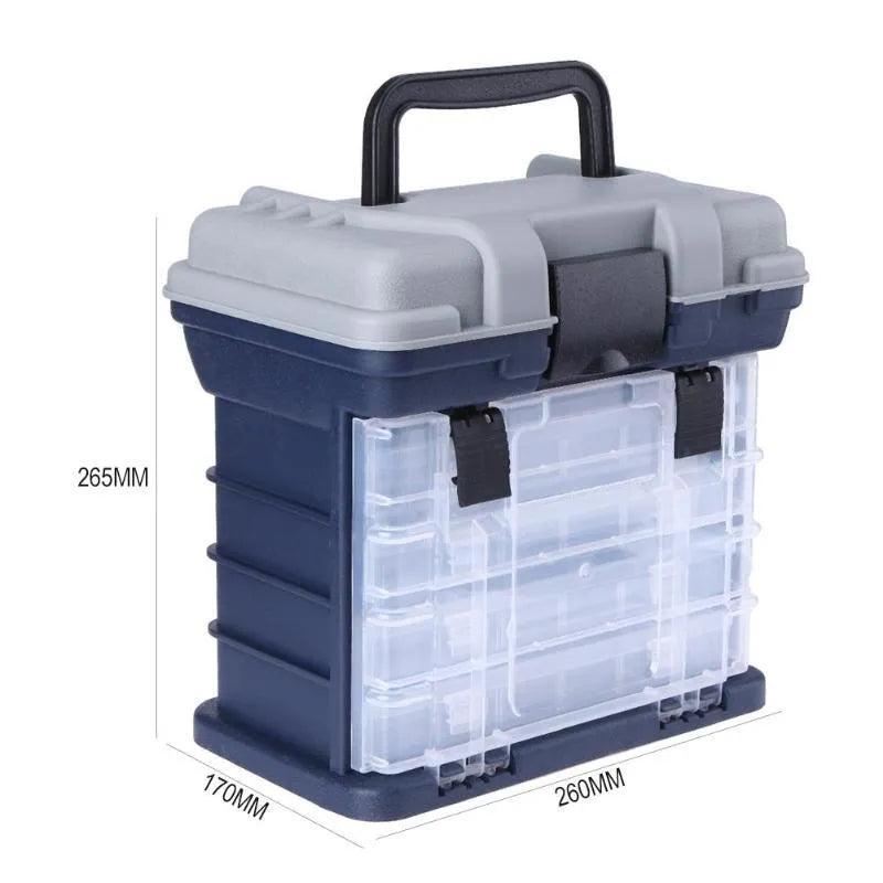 Portable lure fishing box open showing four inner boxes and main compartment with lid