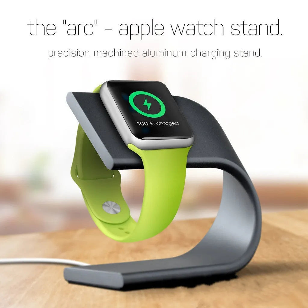 Grey aluminum alloy U-shaped Apple Watch charging stand on desk, 105x50x90mm