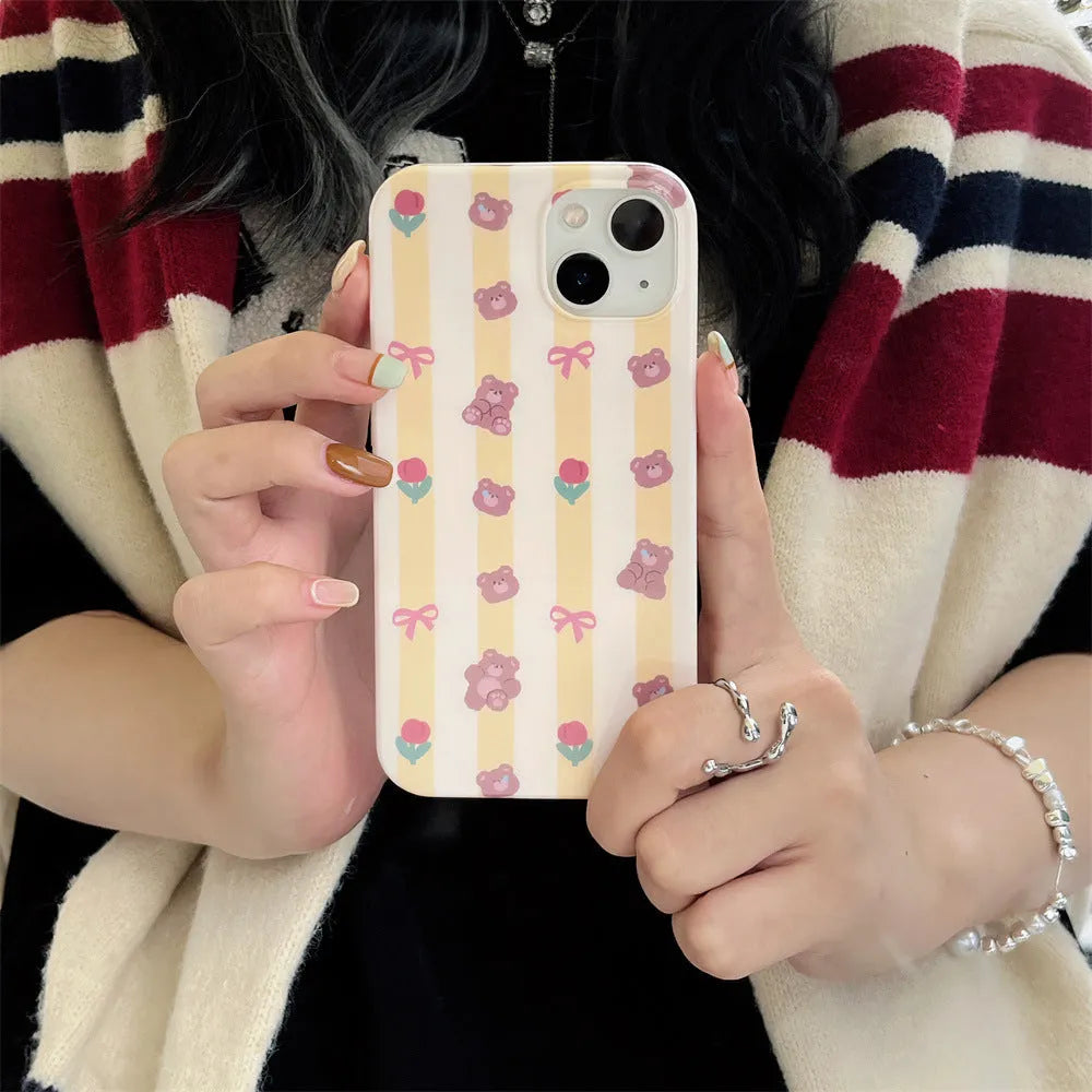 Yellow Striped Bear cartoon TPU phone case for iPhone, soft protective shell with optional stand