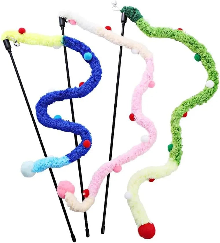 Blue interactive cat wand toy with a long plush strip and fluffy bell ball.